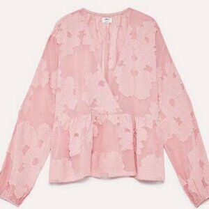 Aritzia Wilfred Pink Sheer Floral Distressed Blouse Peplum Augustine Size Large